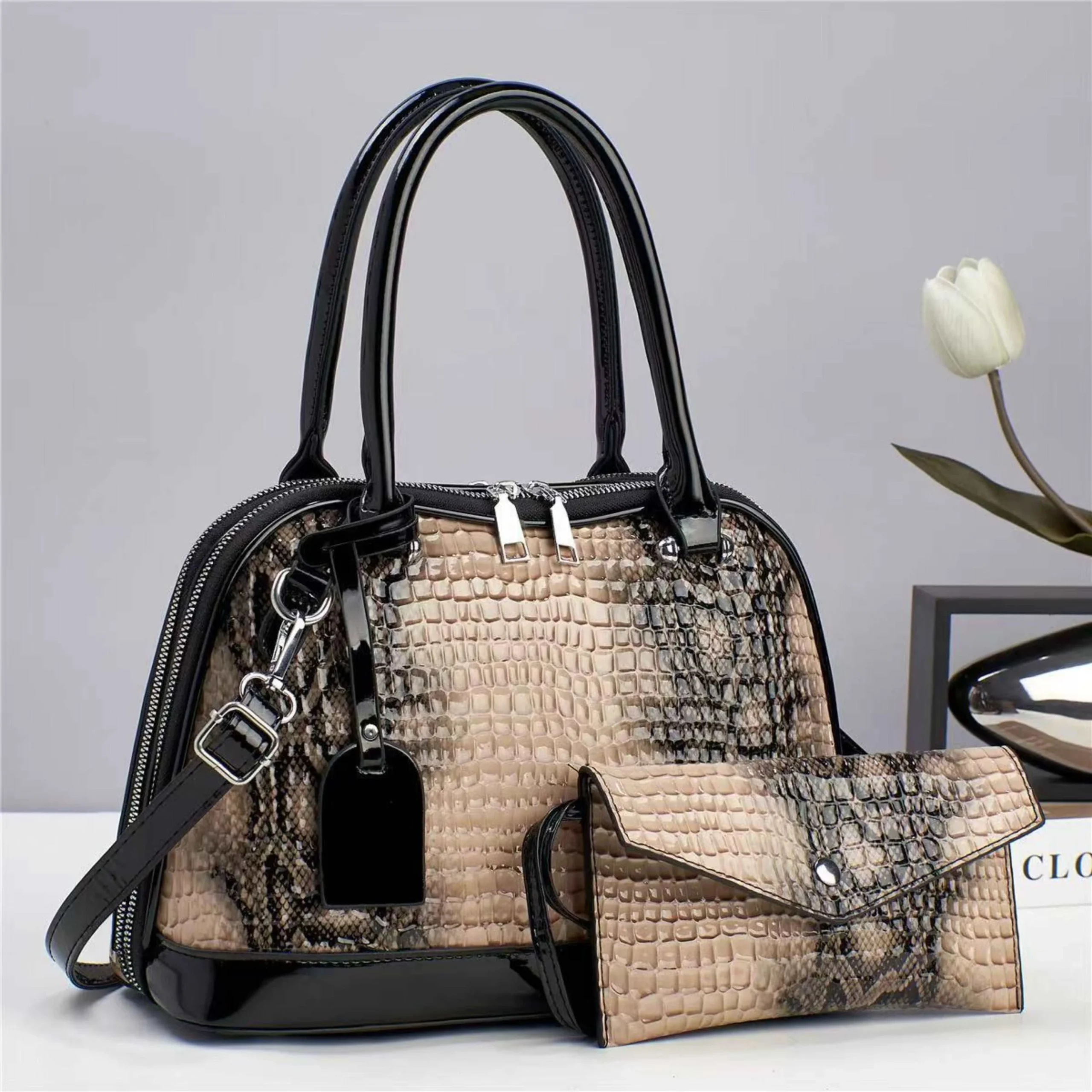 2pcs Conjunto De Bolsa De Mano Con Patrón De Cocodrilo, Bolso De Mano Brillante Para Mujer, Bolso Cruzado De Moda Con Billetera De Embrague